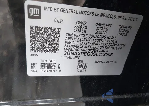 2025 Chevrolet Equinox Awd Lt z USA, uszkodzony, nr VIN 3GNAXPEG8SL113206